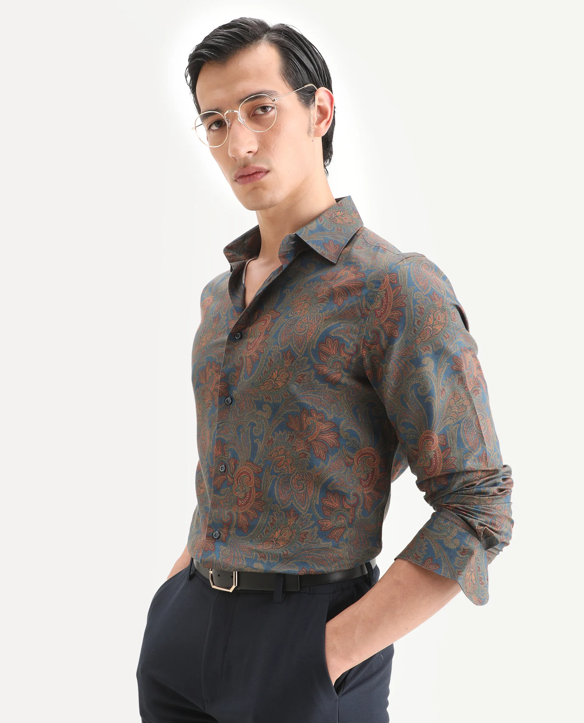 Rare Rabbit Men's Exor Dusky Blue Cotton Blend Fabric Full Sleeve ...