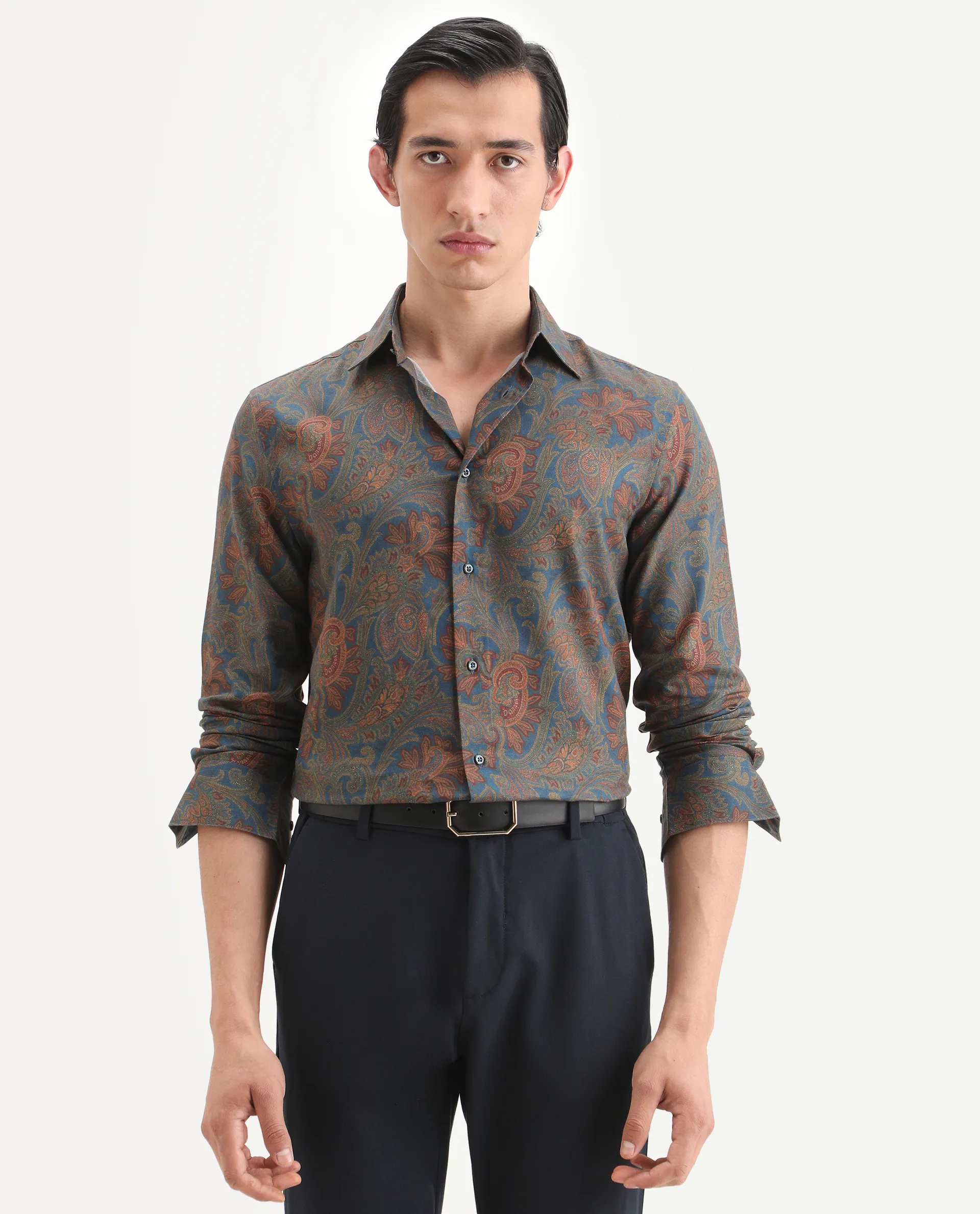 Rare Rabbit Men's Exor Dusky Blue Cotton Blend Fabric Full Sleeve ...