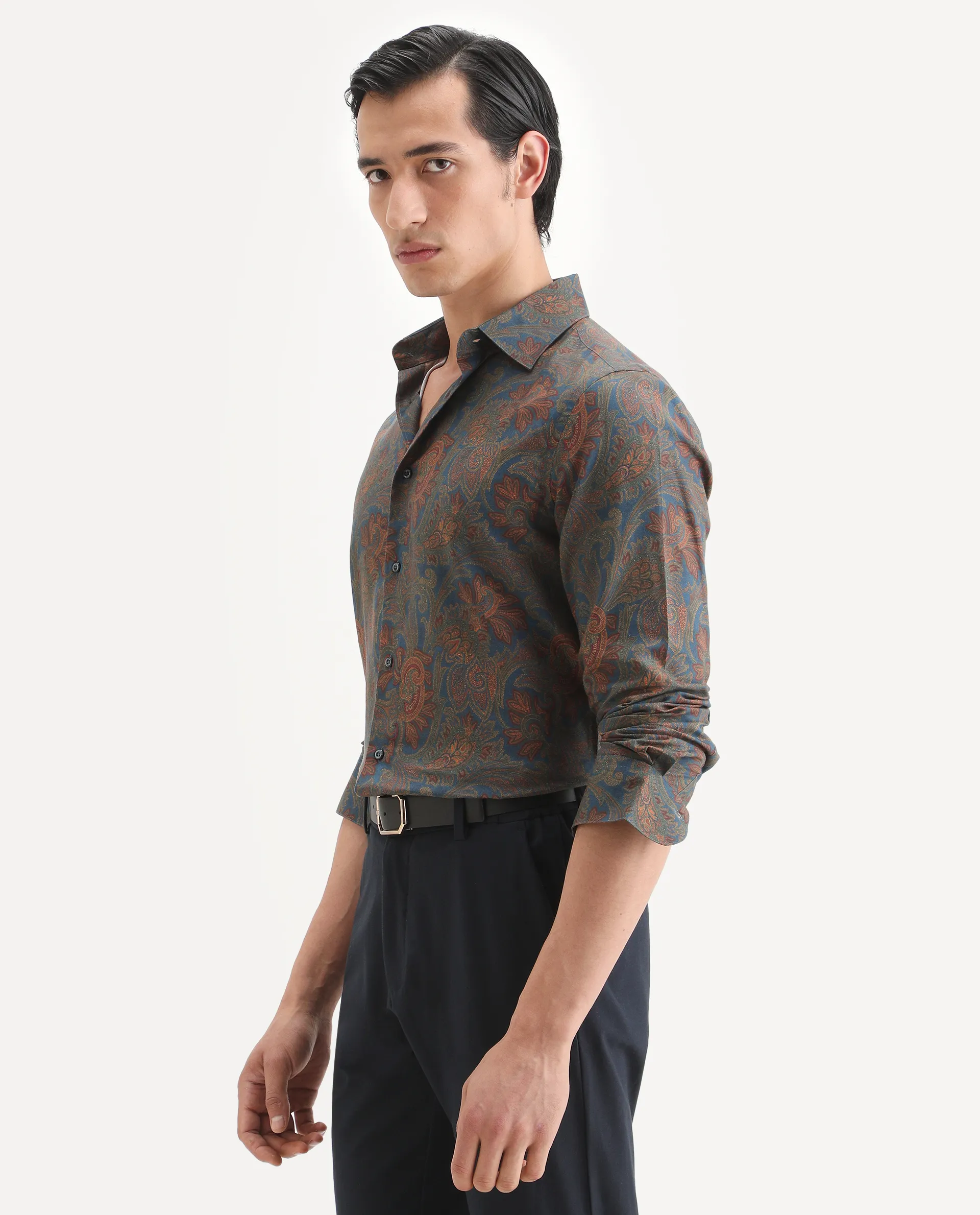 Rare Rabbit Men's Exor Dusky Blue Cotton Blend Fabric Full Sleeve ...