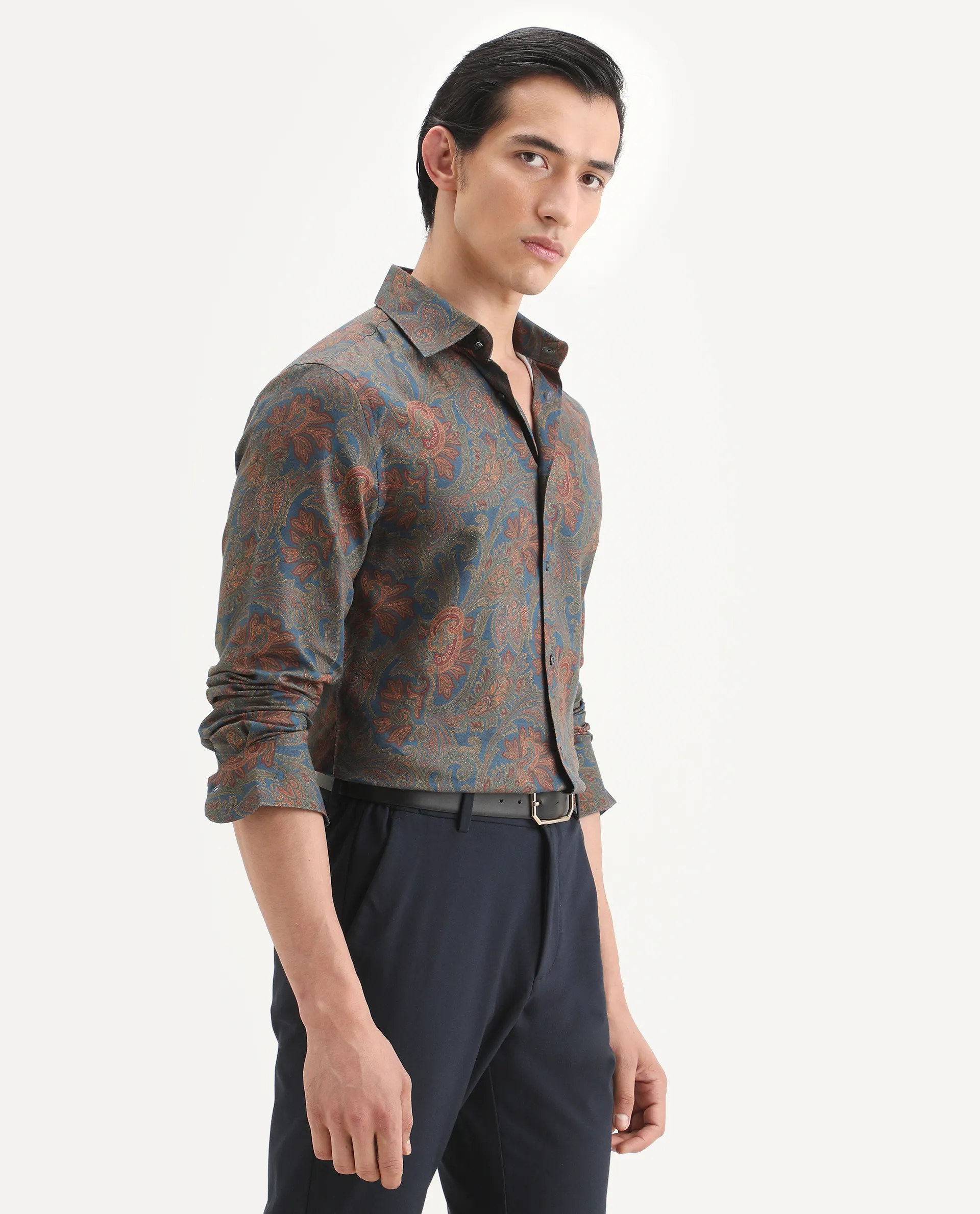Rare Rabbit Men's Exor Dusky Blue Cotton Blend Fabric Full Sleeve ...
