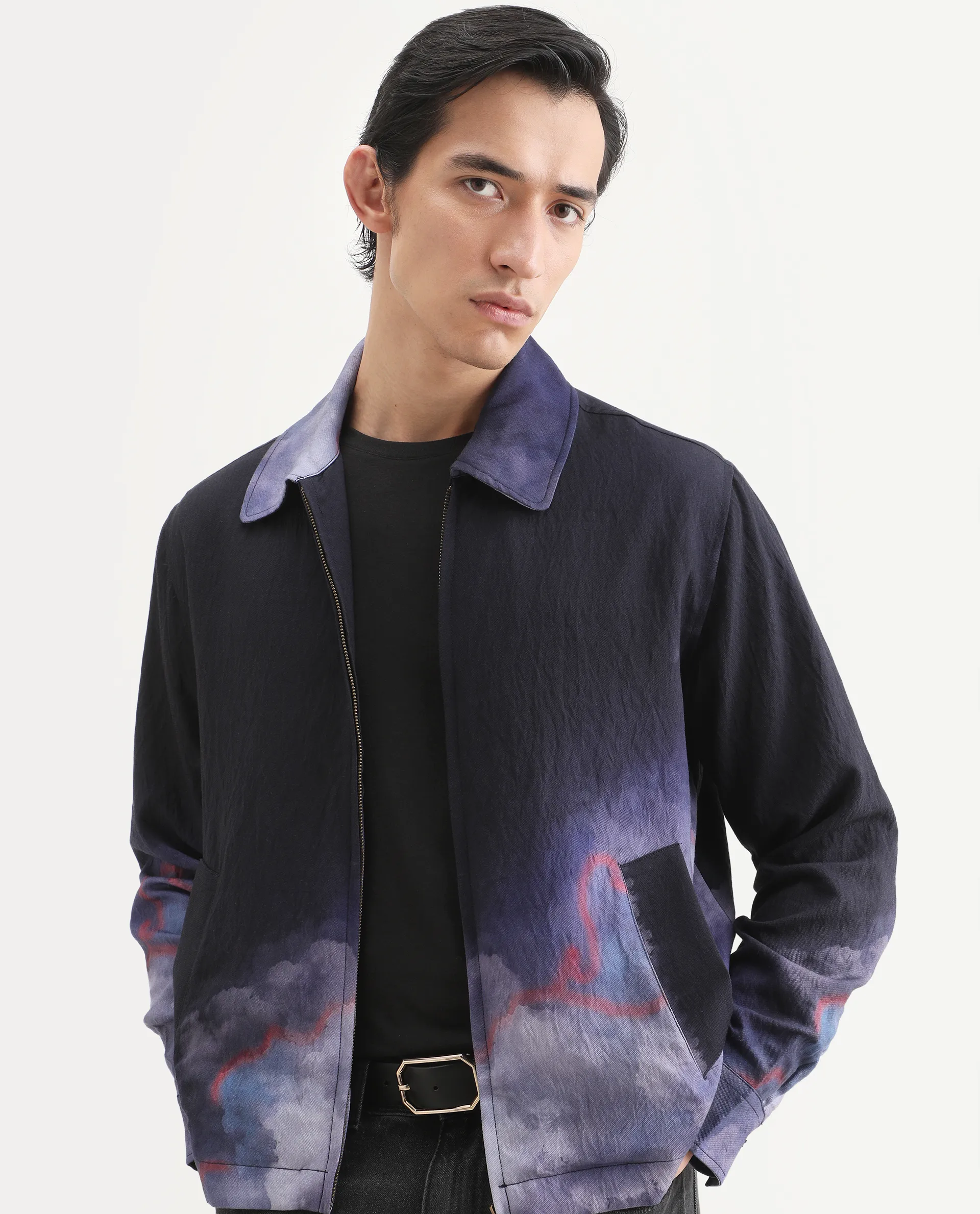 Jasola Rare Rabbit Rare Rabbit Men's Cloudy Navy Viscose Blend Fabric Spread Collar ...